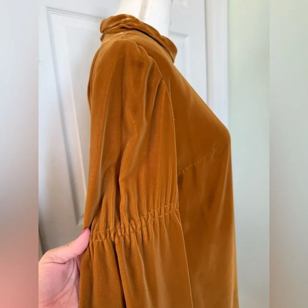 1970s Mustard Colored Rich Velvet High-Collar Dress